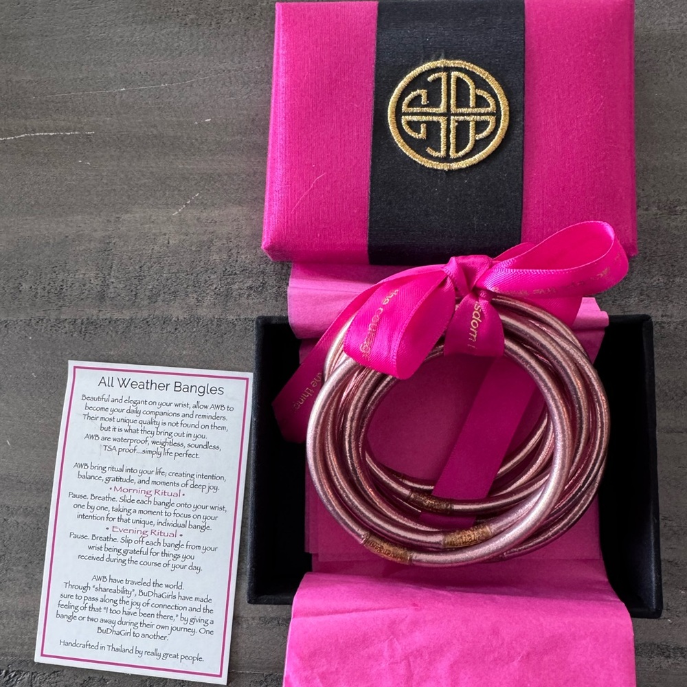 BuDhaGirl Rose Gold All Weather Bangles. In excellent condition & boxed.